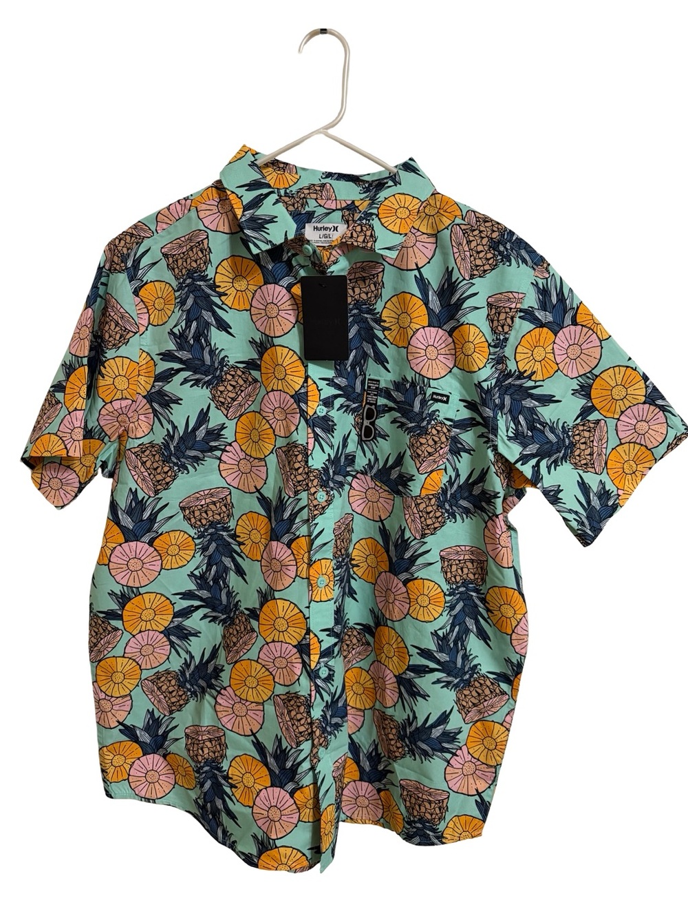 Hurley Men’s Mint Pineapple Print Short Sleeve Button-Up Shirt Sz Large
